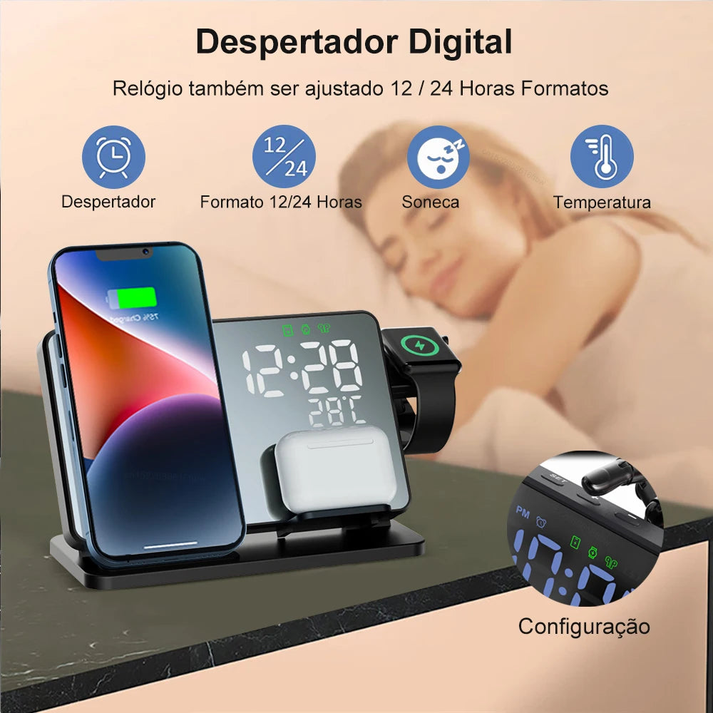 Carregador Sem Fio 3 em 1 para iPhone e Apple Watch - Estação de Carregamento Rápido com Relógio Despertador