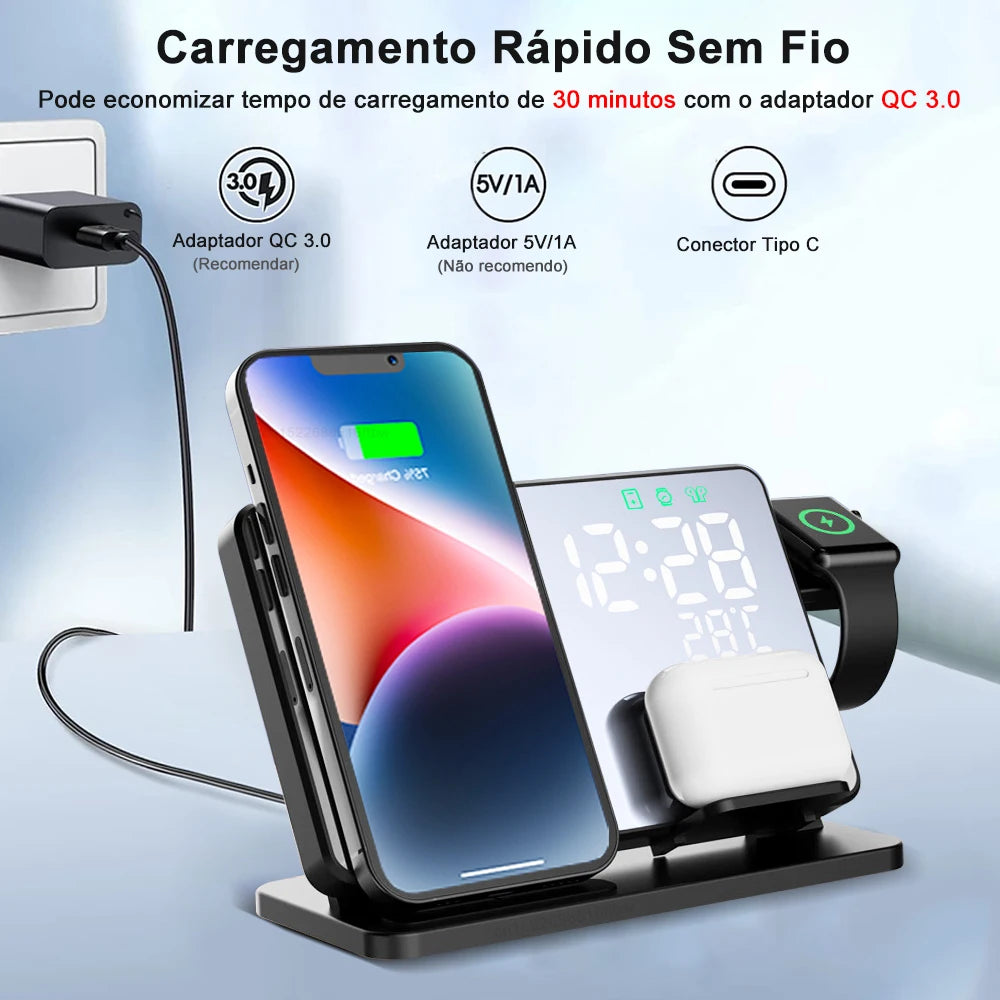 Carregador Sem Fio 3 em 1 para iPhone e Apple Watch - Estação de Carregamento Rápido com Relógio Despertador